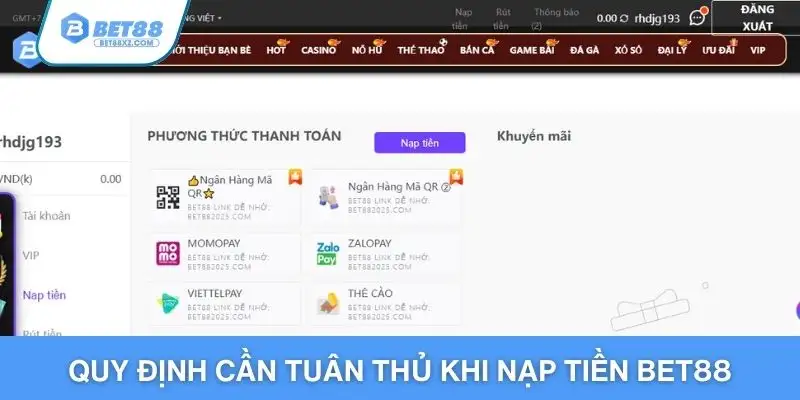 Quy định cần tuân thủ khi nạp tiền BET88
